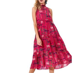 OLIPHANT Cotton Silk Ipanema Pink Palm Tree Tiered Midi Dress Size XS